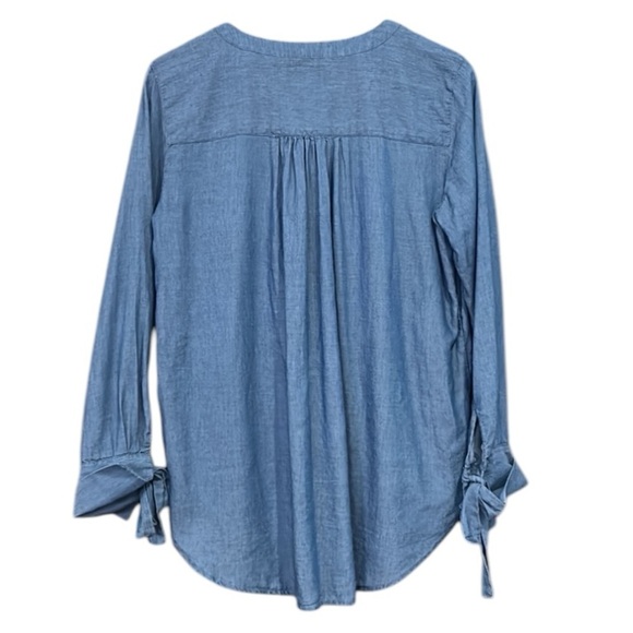 Loft Ann Taylor Tunic Chambray Bow Long Sleeve Button Round Neck Hi Lo Hem Small - Picture 3 of 12